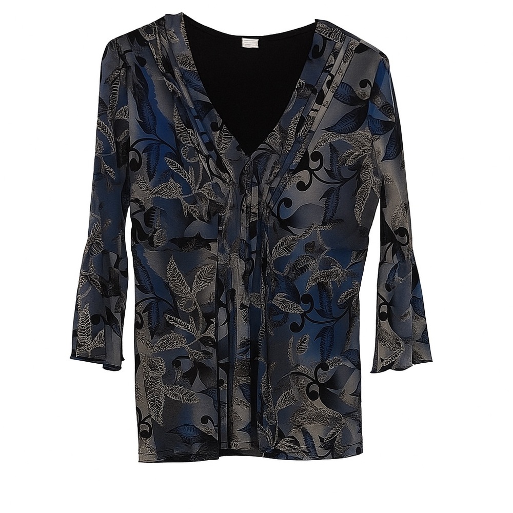 Worthington Floral V-Neck Blouse - Blue and Black